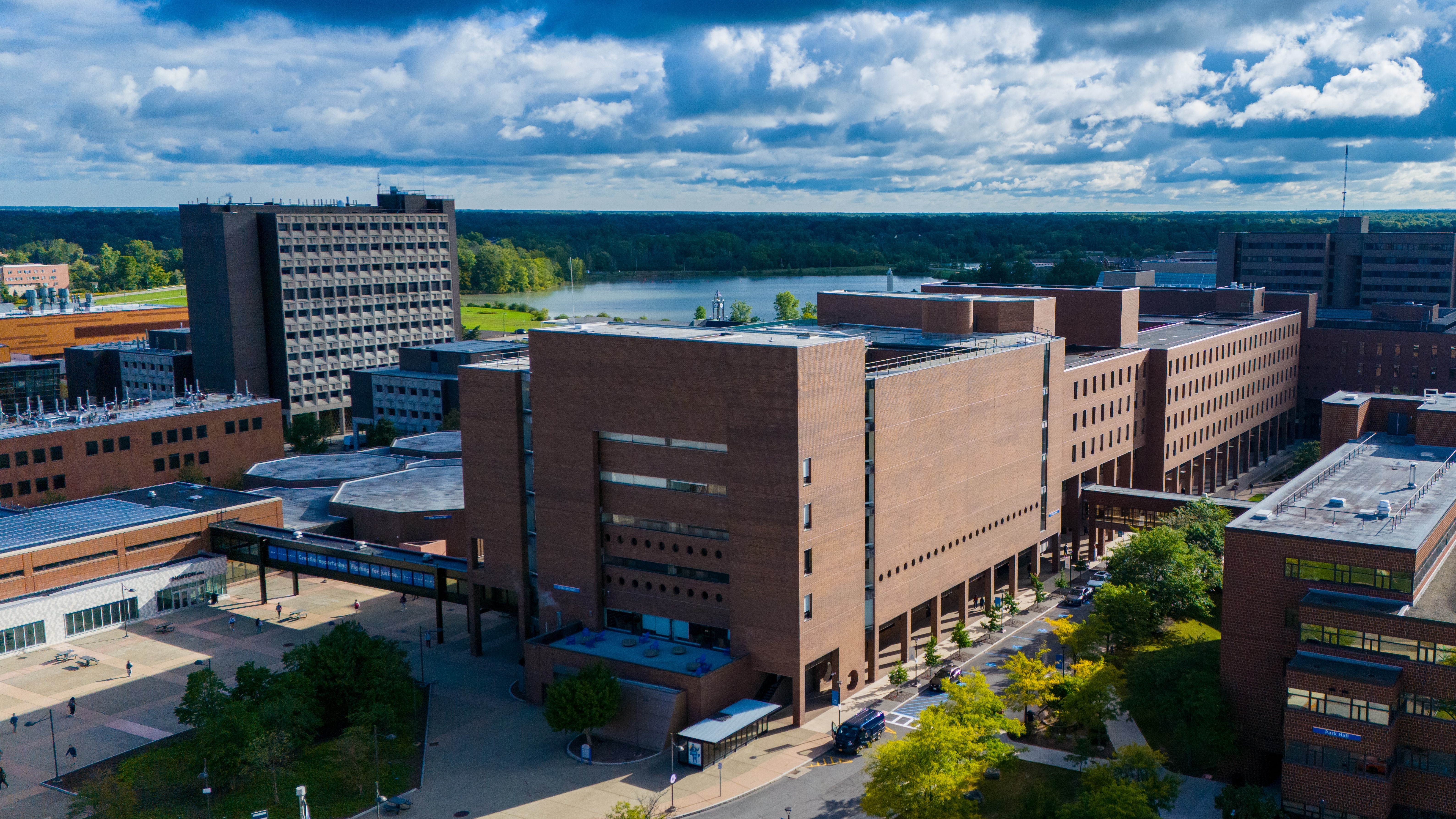 Exterior view of O'Brian Hall on the University at Buffalo North Campus.